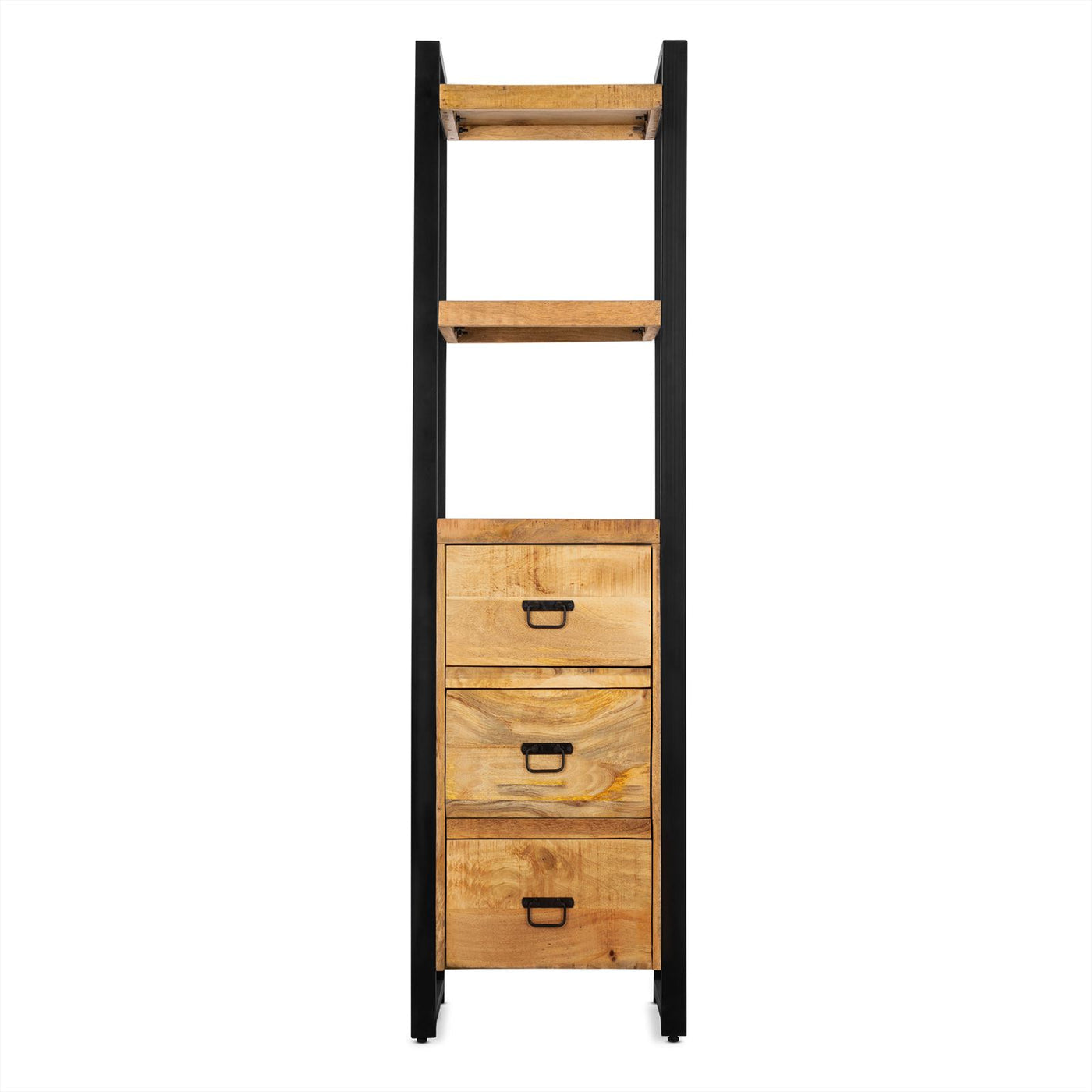 Smalle staande Boekenkast met lades Industrieel Design | Mangohout en Staal | 55x40x200cm
