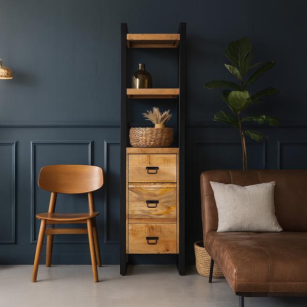 Smalle staande Boekenkast met lades Industrieel Design | Mangohout en Staal | 55x40x200cm - Industrieelinhuis.nl