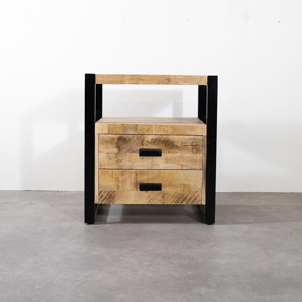 Industrieel Kastje van Mangohout met 2 Lades – Staal & Massief Hout | 75x65x45 cm - Industrieelinhuis.nl
