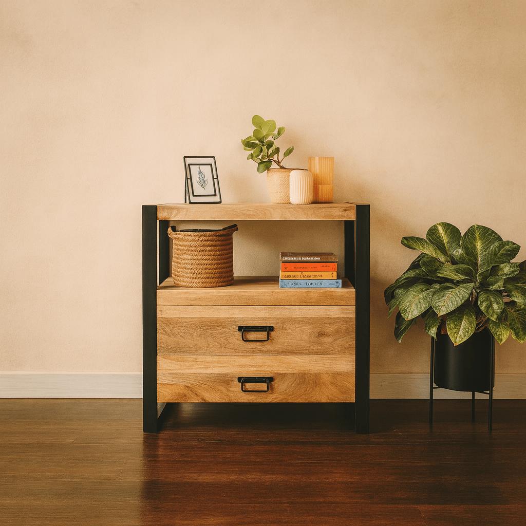 Mangohout kastje met 2 lades Industrieel Design | Mangohout en Staal | 80x40x80cm - Industrieelinhuis.nl