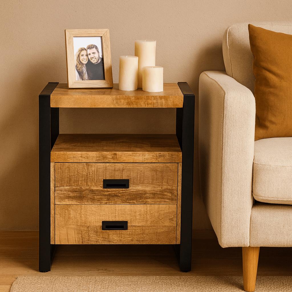 Industrieel Kastje van Mangohout met 2 Lades – Staal & Massief Hout | 75x65x45 cm - Industrieelinhuis.nl