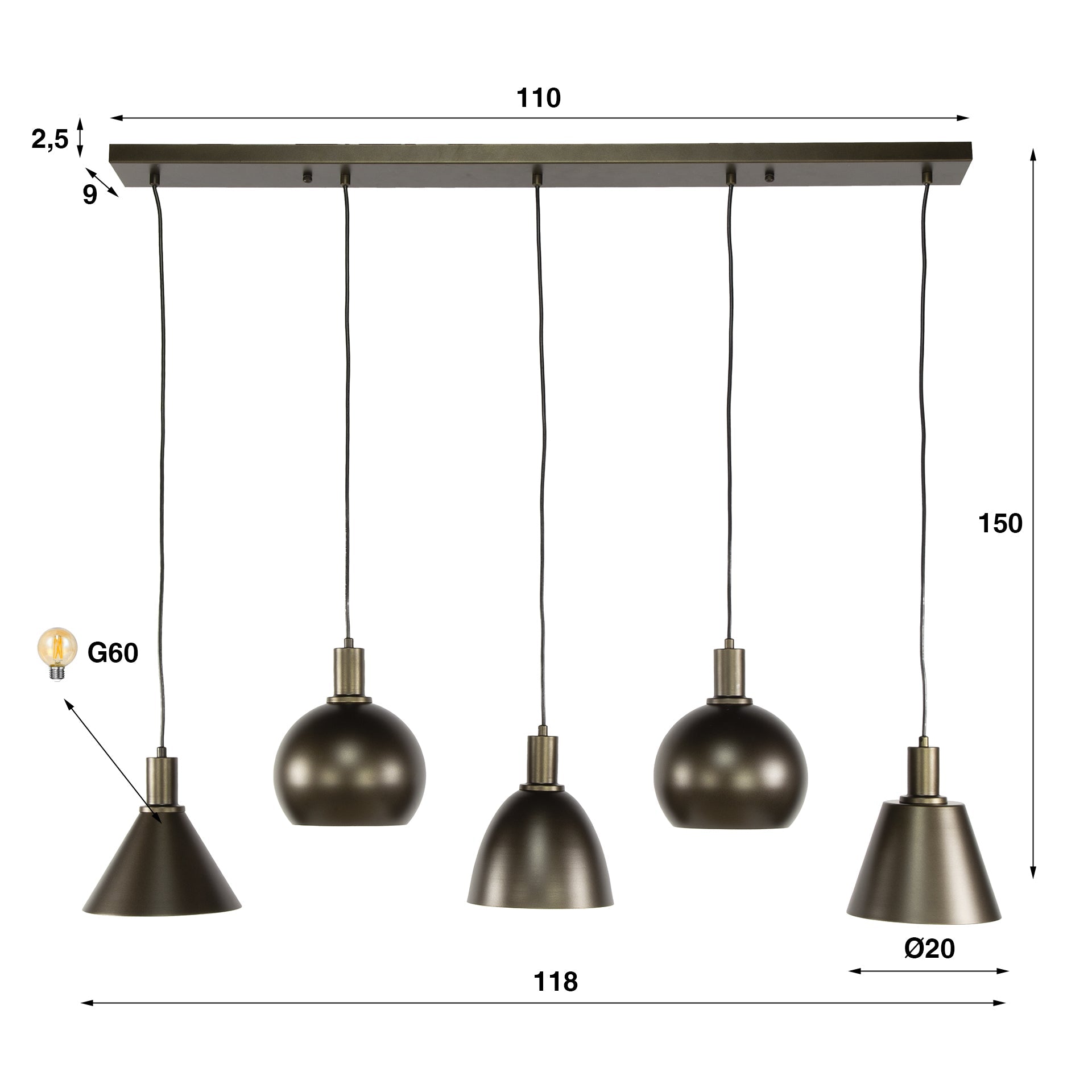 Hanglamp 5L Stellaro Donkerbruin - Industrieelinhuis.nl