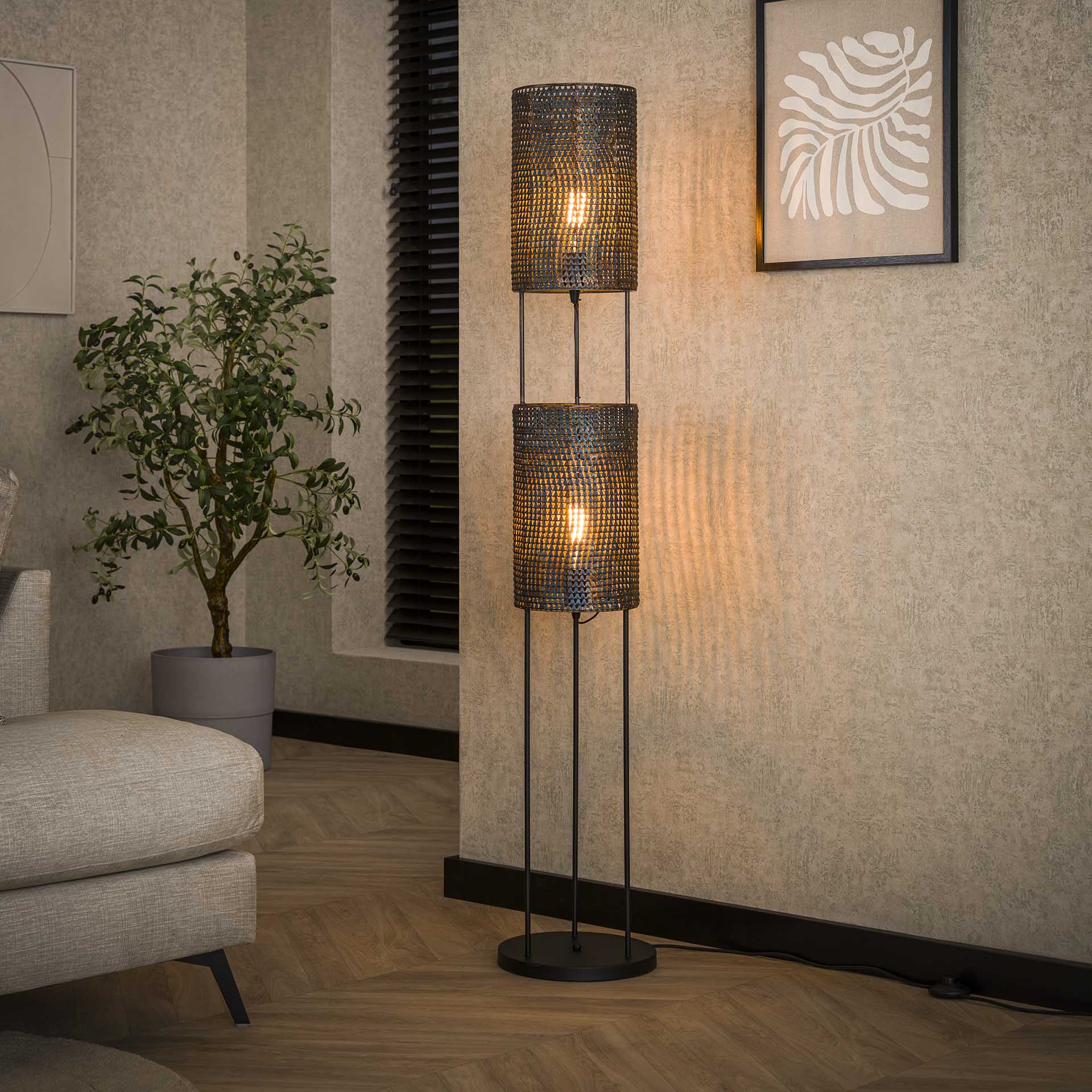 Vloerlamp Cilima Zwart Bruin 2 lichtpunten - Industrieelinhuis.nl