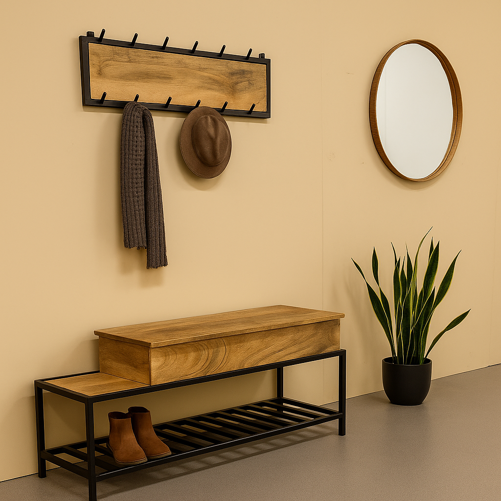 Kapstok & Bankje “Urban Loft” – Licht Mangohout met Industrieel Karakter (110 cm)