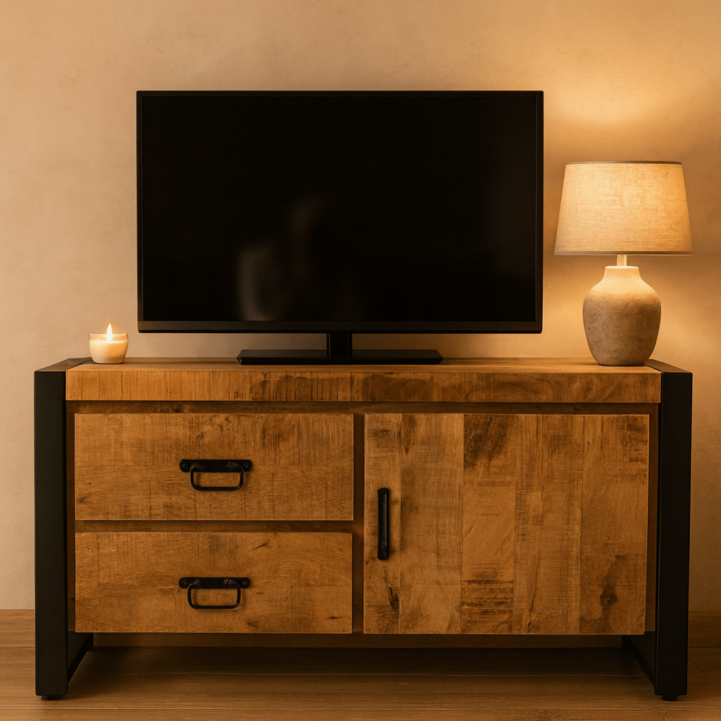 Britt 1-deur 2-laden TV-Meubel Mangohout en Staal - Industrieelinhuis.nl