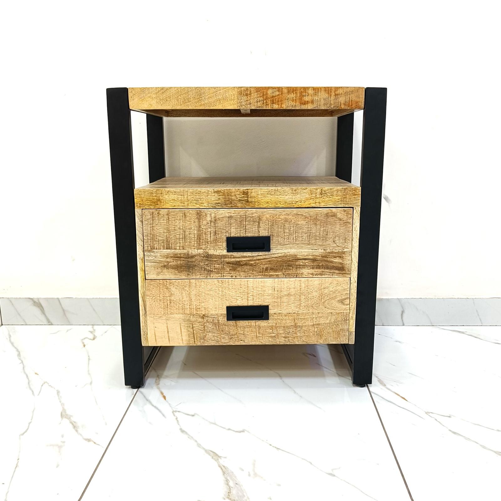 Industrieel Kastje van Mangohout met 2 Lades – Staal & Massief Hout | 75x65x45 cm - Industrieelinhuis.nl