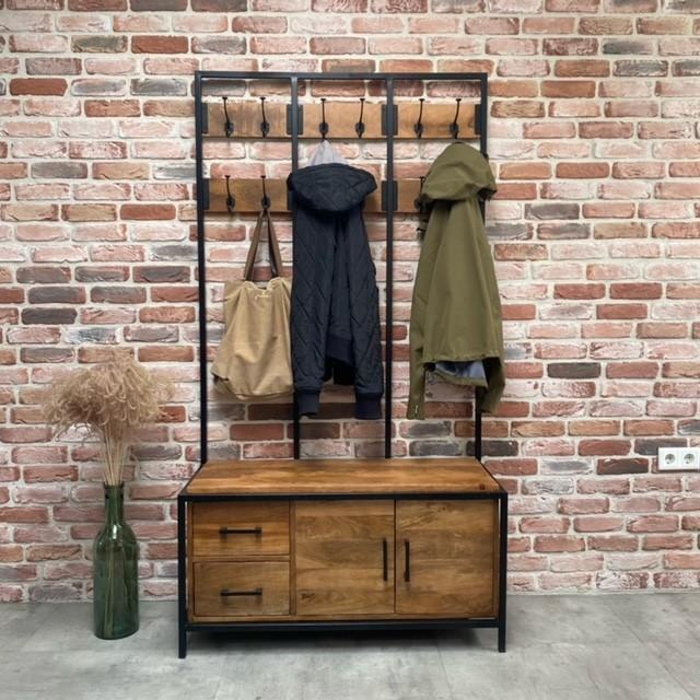 Garderoberek XL Industrieel Design | Mangohout en Staal | 100x40x190cm