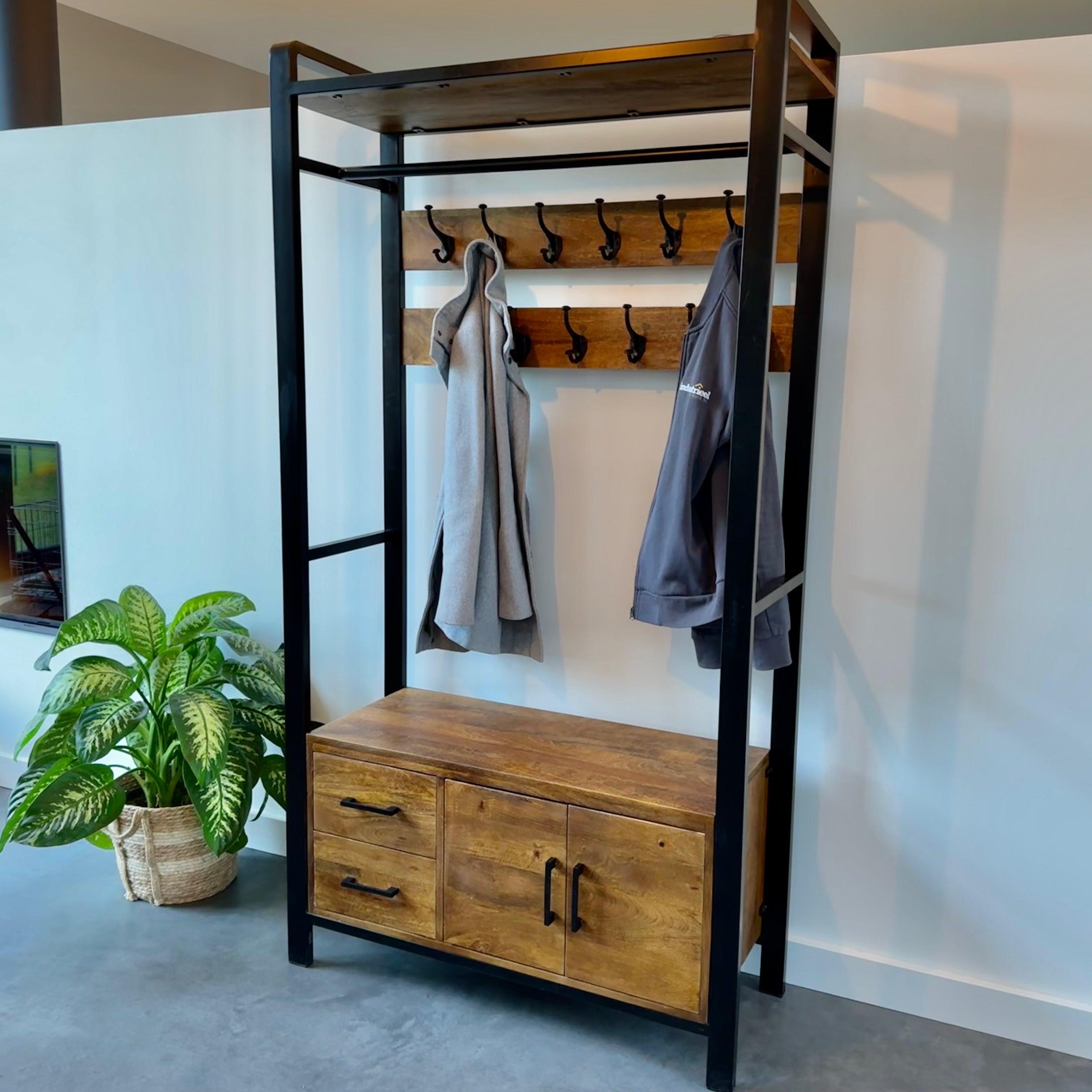 Garderoberek met rail en haken Industrieel Design | Mangohout en Staal | 100x40x190cm