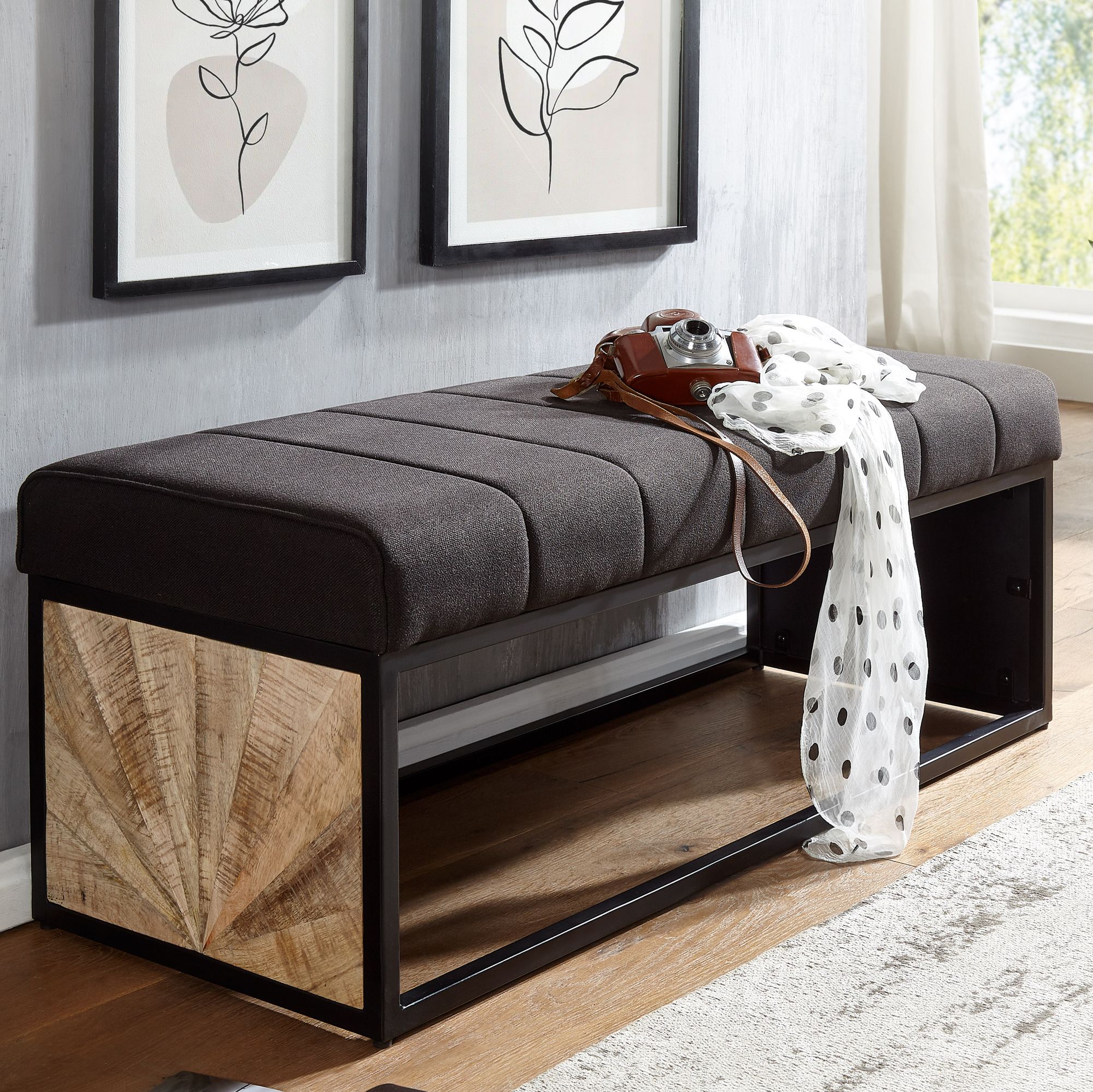 Halbankje zwart | 105 cm x 40 cm x 40 cm | stijlvol groef patroon