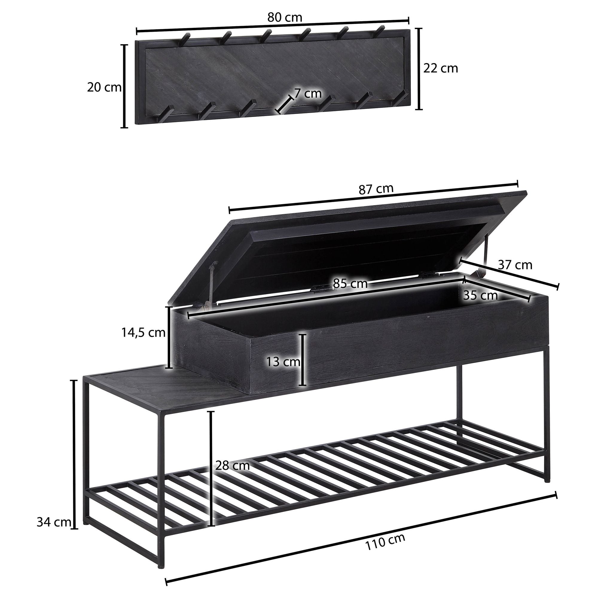 Kapstok met bankje | Industrieel design | 110 cm lengte