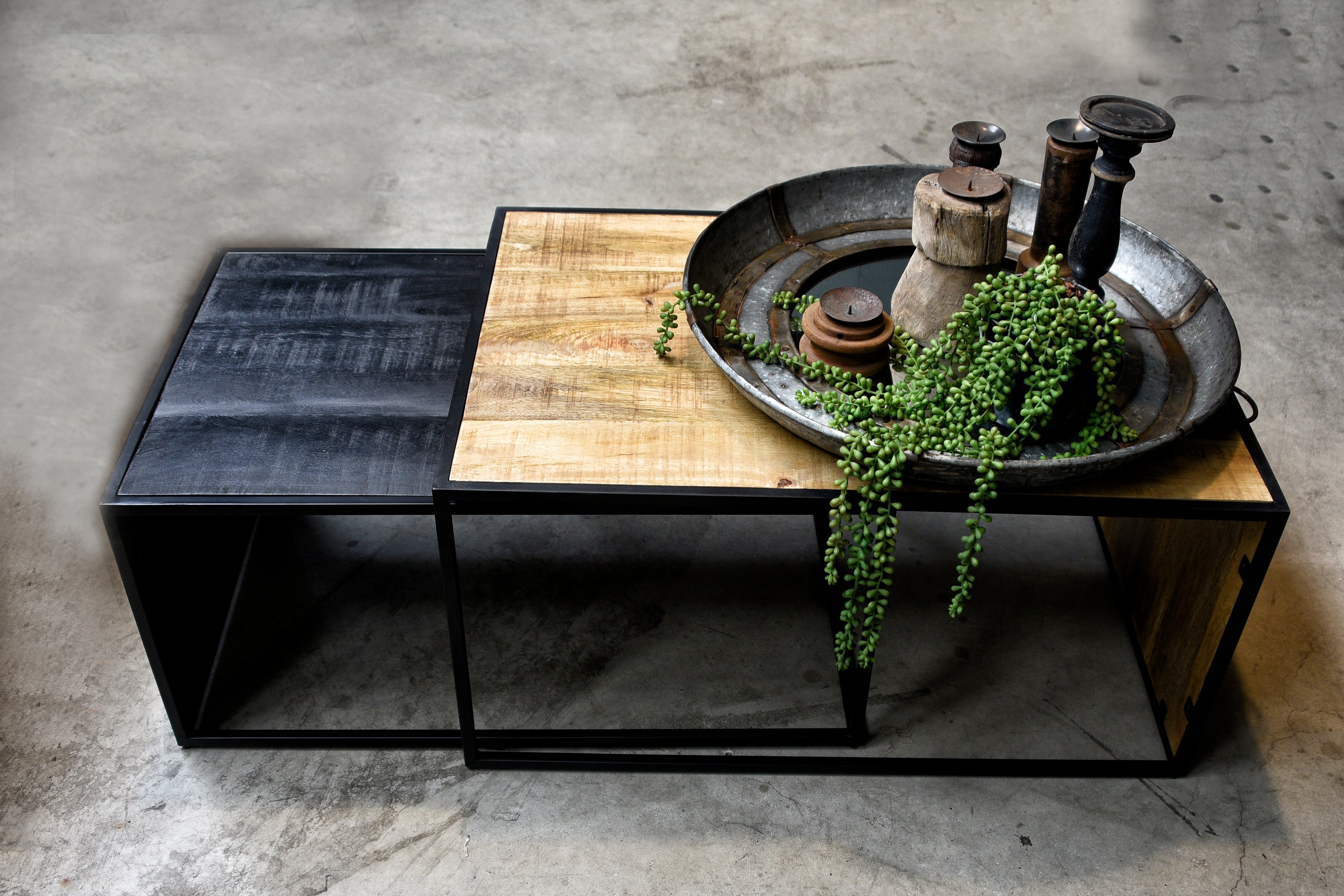 Salontafel set rechthoekig Industrieel Design | Mangohout en Staal | 90x60x45cm