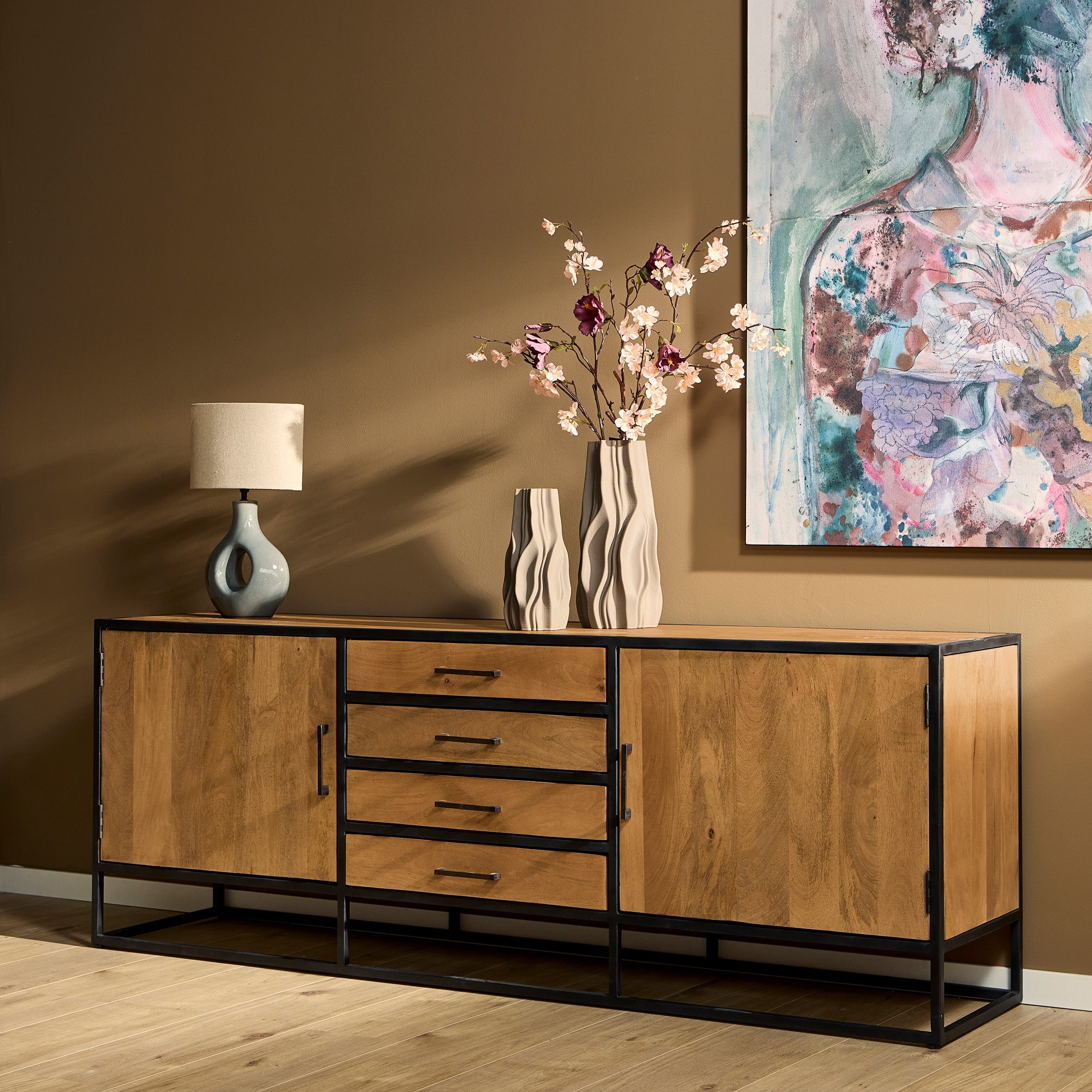 Groot dressoir mangohout Denver | Mangohout en staal | 210 cm - Industrieelinhuis.nl