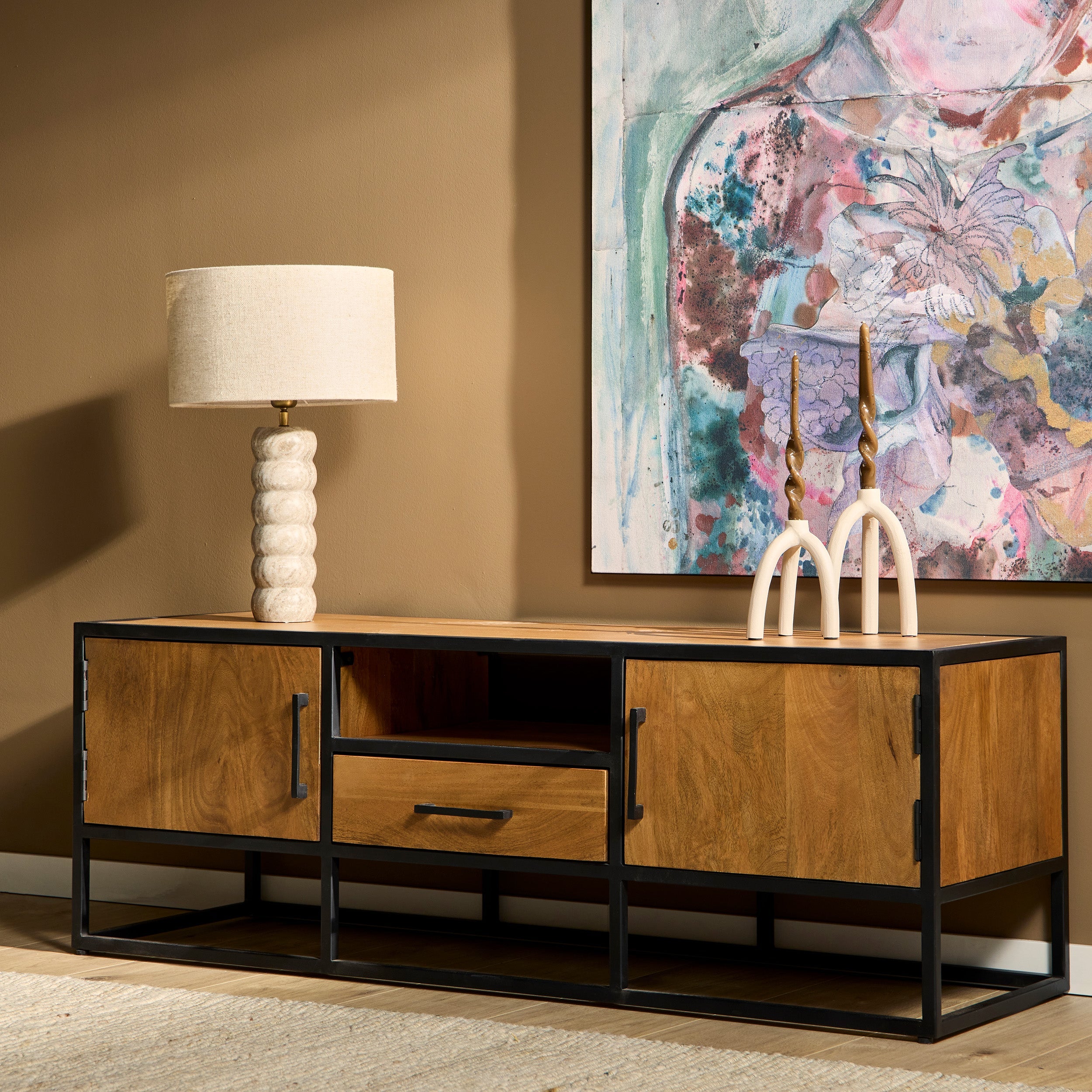 Tv meubel Denver | Mangohout en staal | 145 cm - Industrieelinhuis.nl