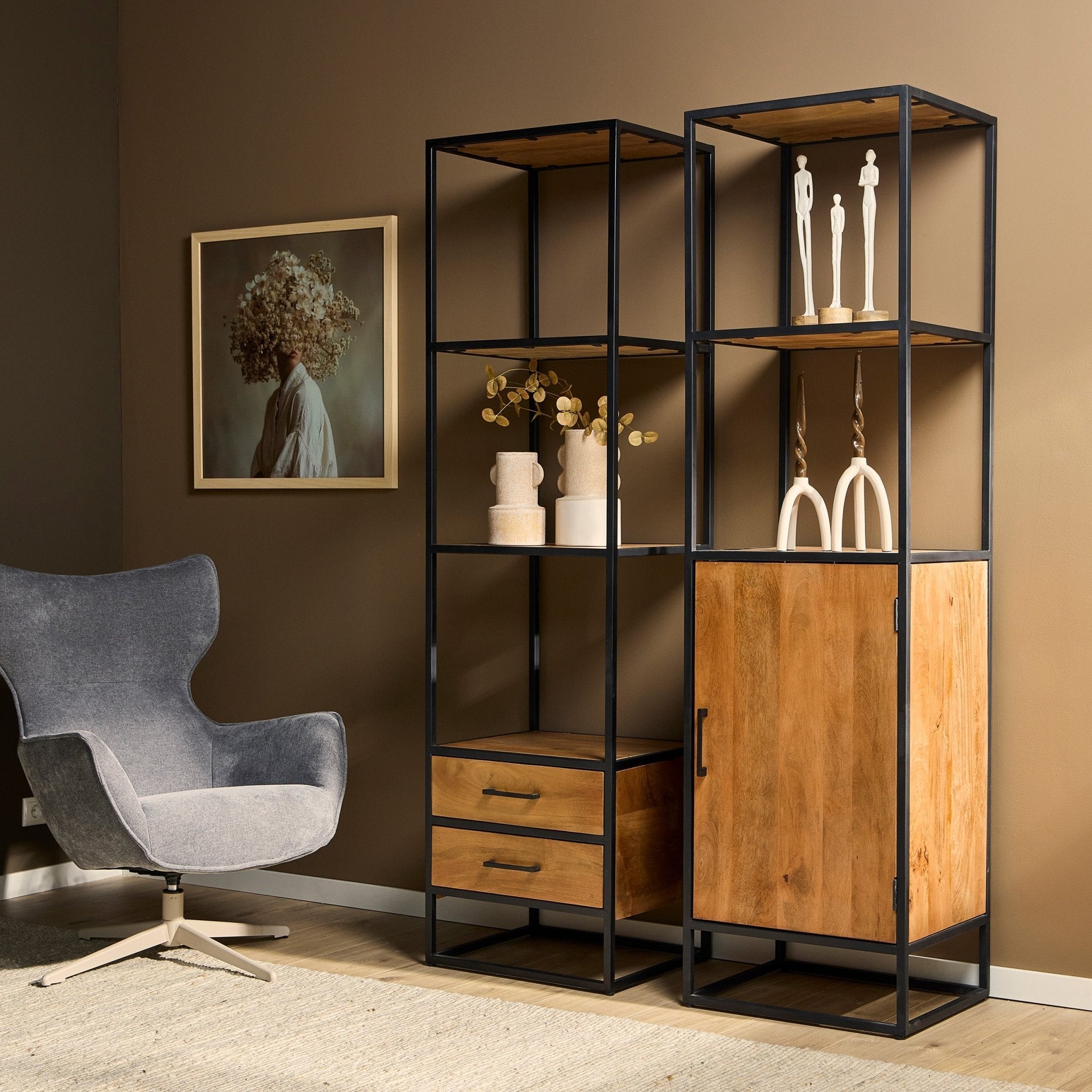 Boekenkast mangohout industrieel Denver | Mangohout en staal | 1 deur | 55 cm - Industrieelinhuis.nl