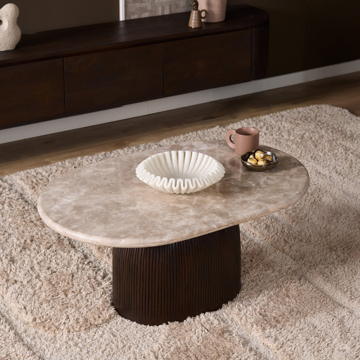 Ovale Salontafel Noel | 40 cm hoog | mangohout en marmer
