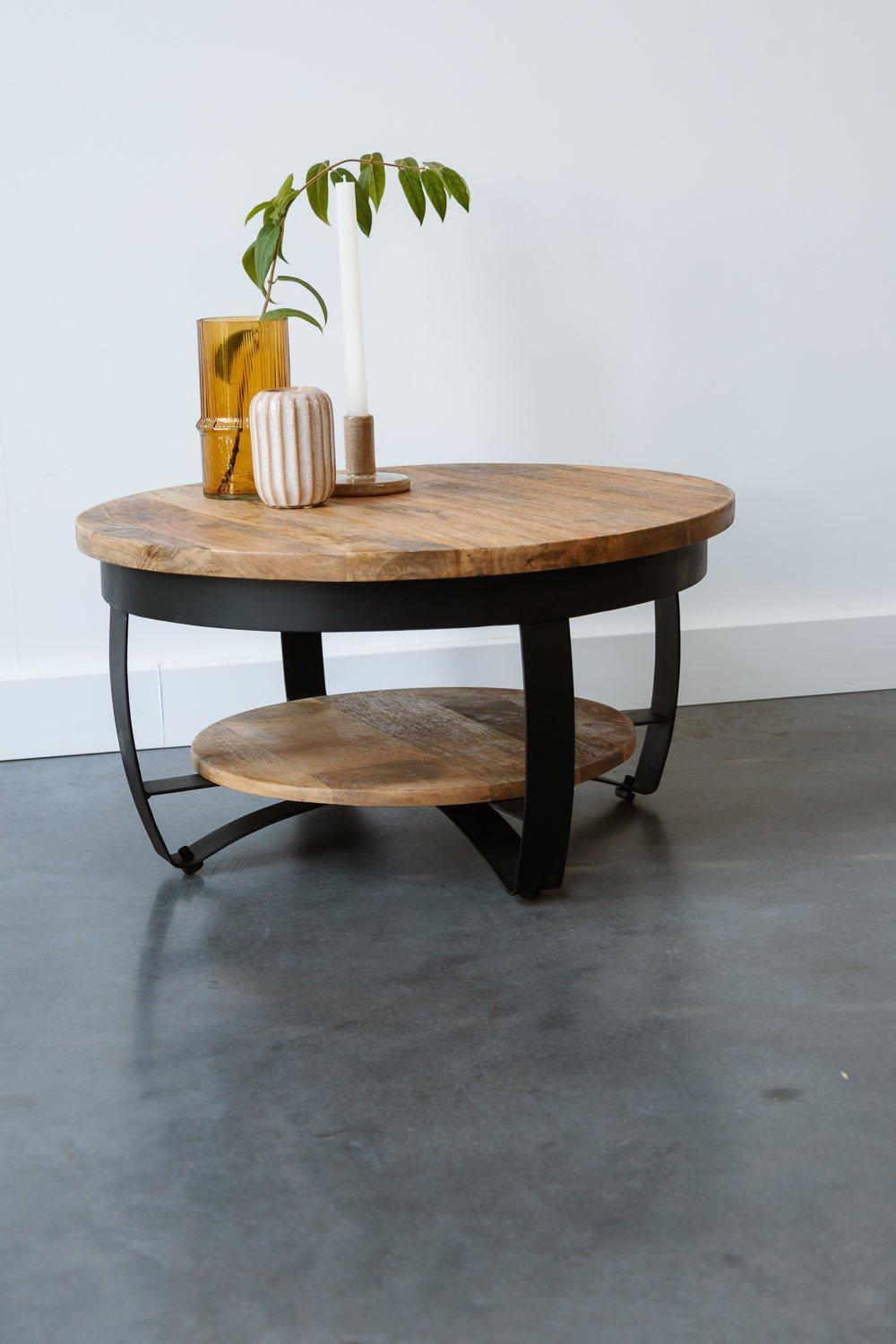 Salontafel Rond Industrieel Design | Mangohout en Staal | 65x34cm