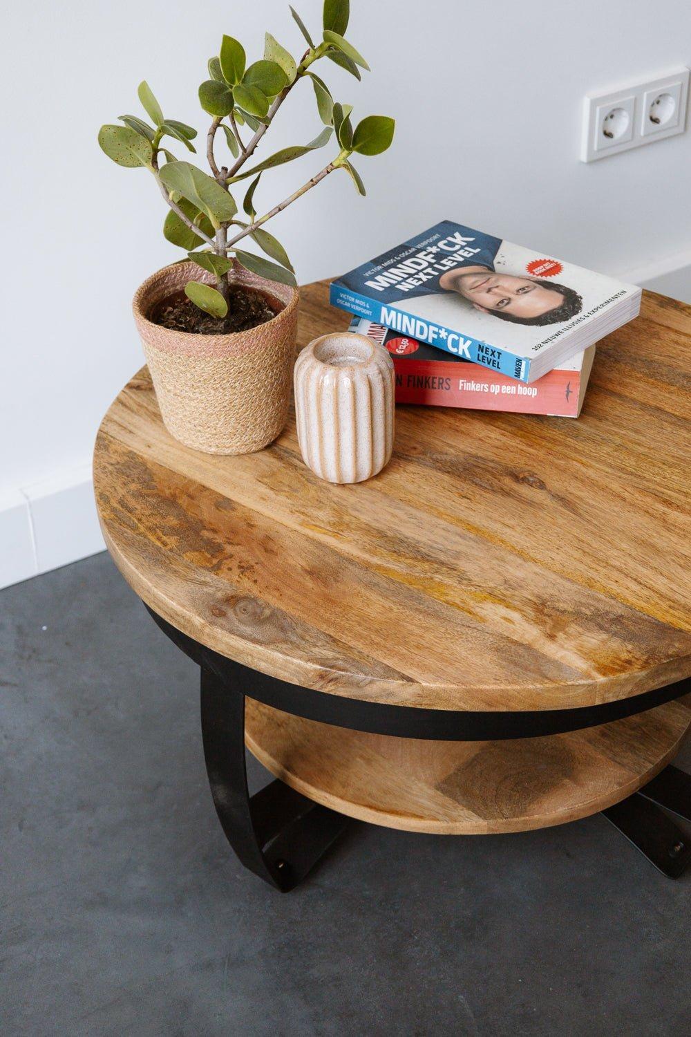 Salontafel Rond Industrieel Design | Mangohout en Staal | 65x34cm