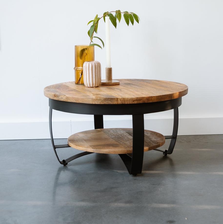 Salontafel Rond Industrieel Design | Mangohout en Staal | 65x34cm