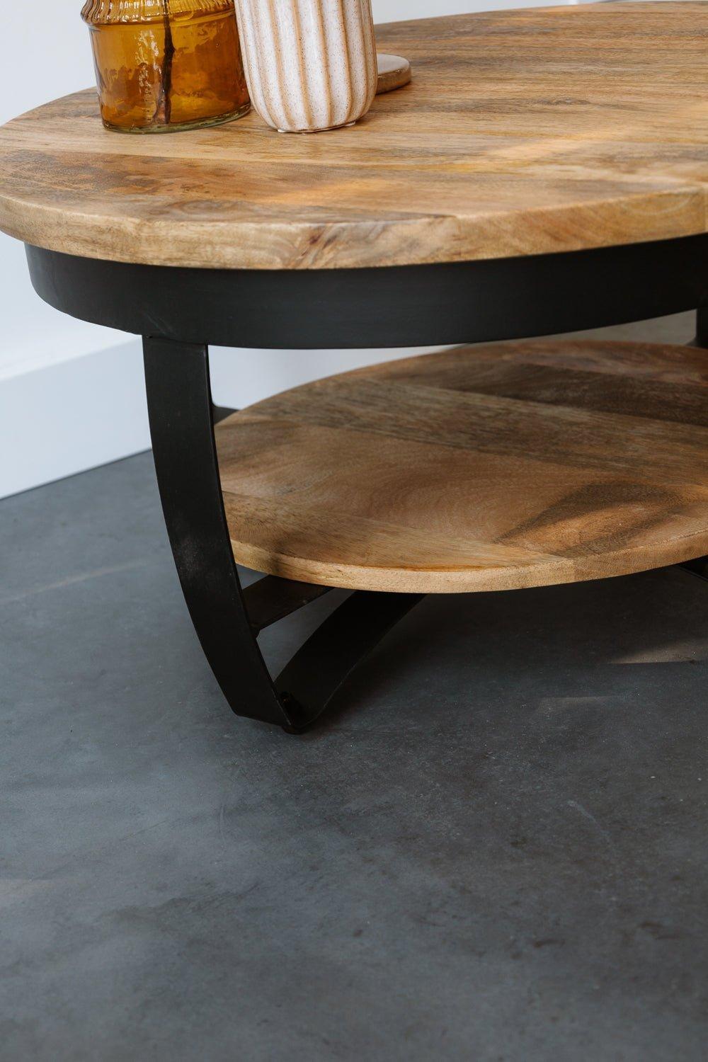 Salontafel Rond Industrieel Design | Mangohout en Staal | 65x34cm
