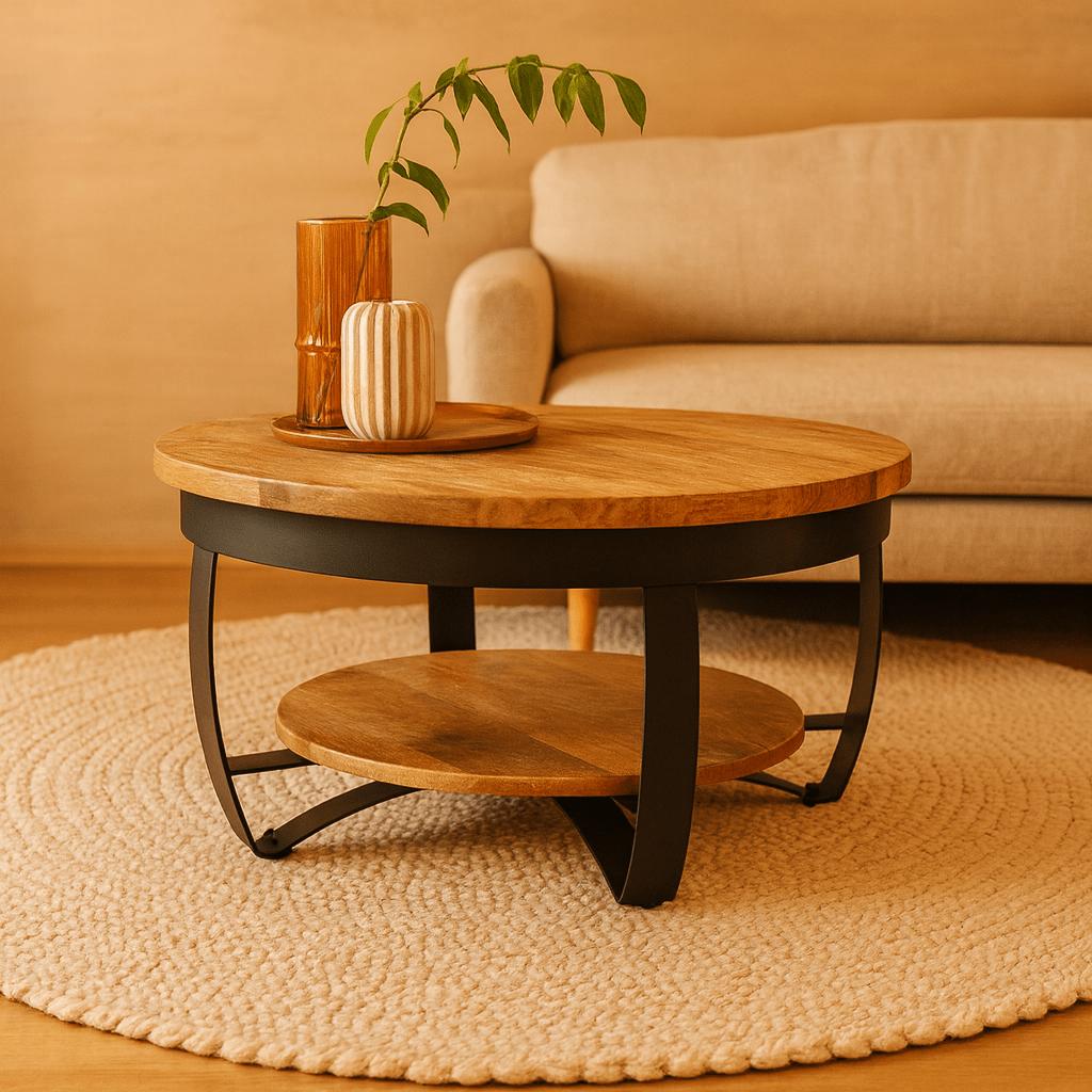 Salontafel Rond Industrieel Design | Mangohout en Staal | 65x34cm
