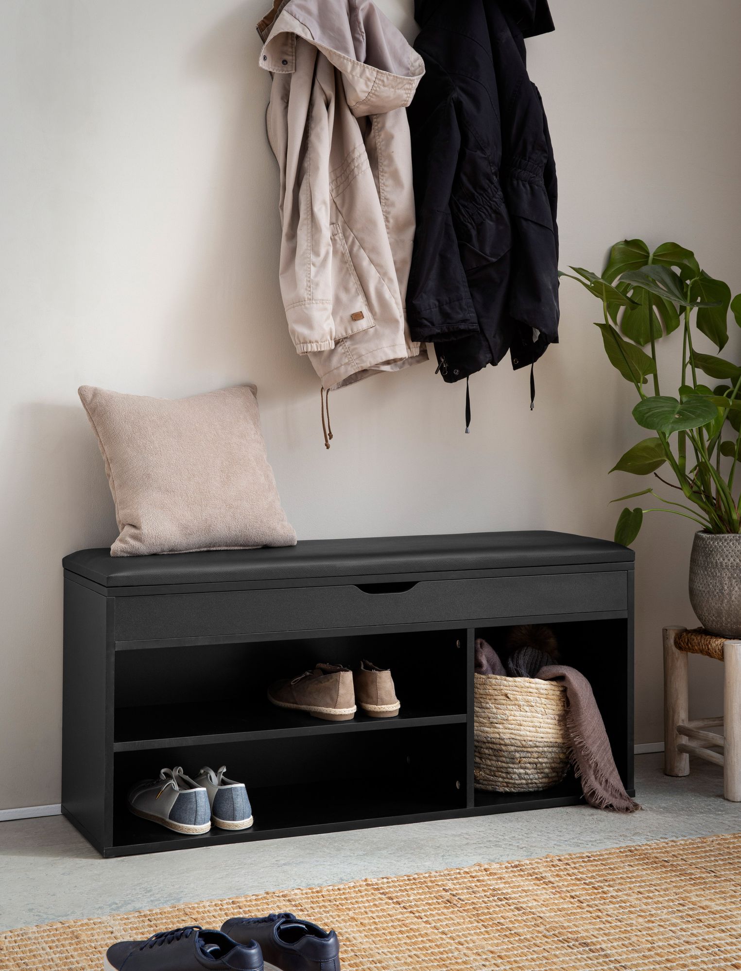 Schoenenbank zwart | 104 cm lengte | Garderobebank Kunstleer Halbank