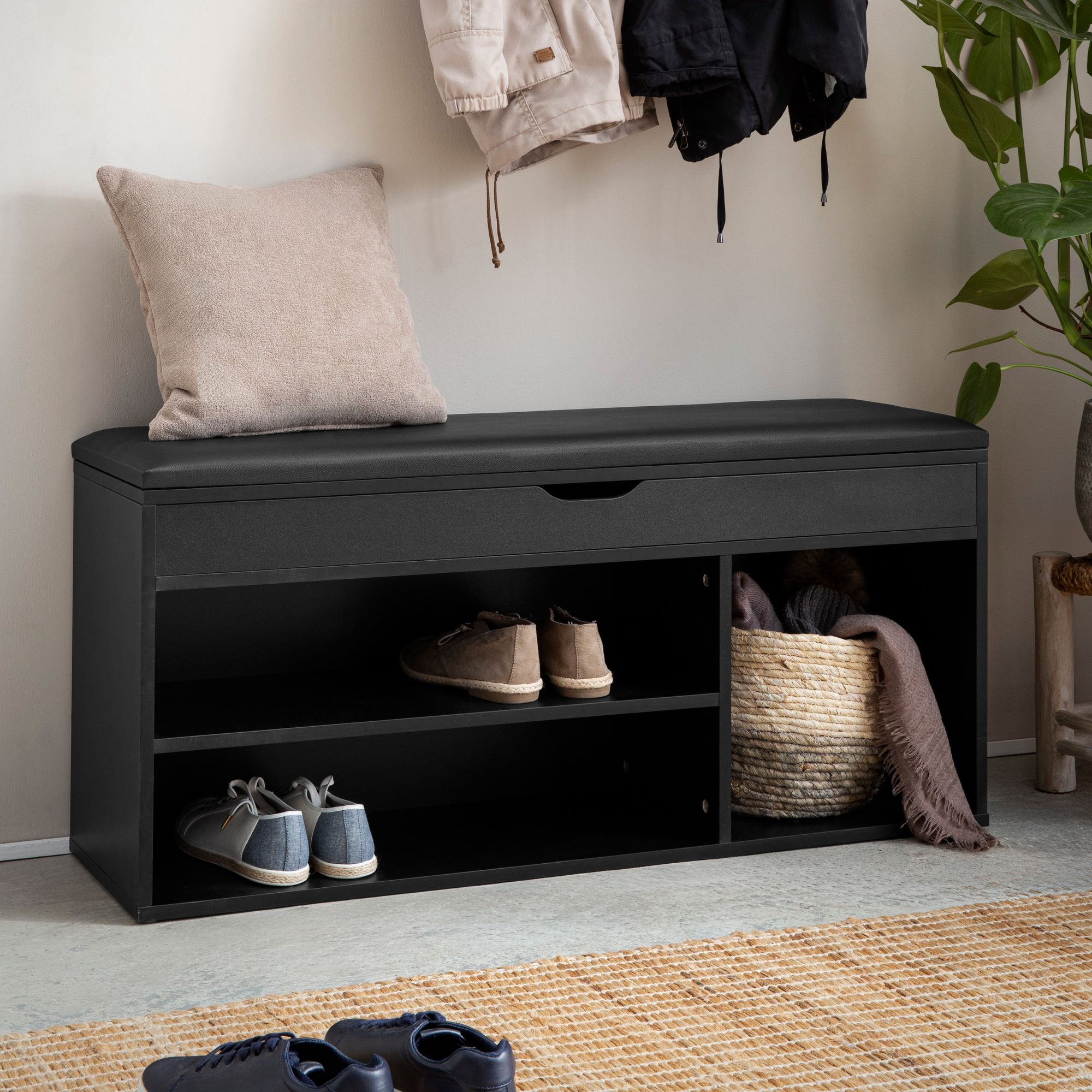 Schoenenbank zwart | 104 cm lengte | Garderobebank Kunstleer Halbank