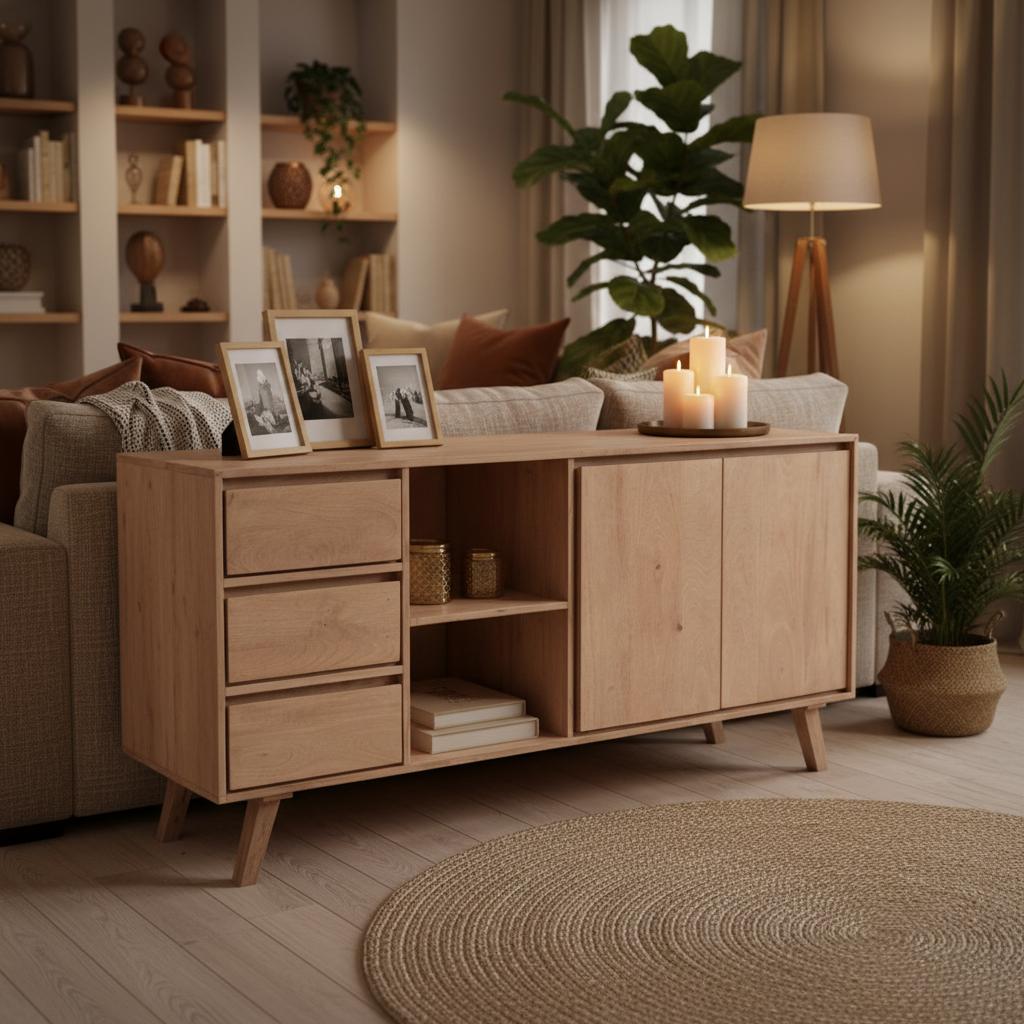 Dressoir Bibi – Scandinavisch Vintage Design met Veel Opbergruimte | 180×90×40 cm | Lichte Houtkleur & Schuine Pootjes