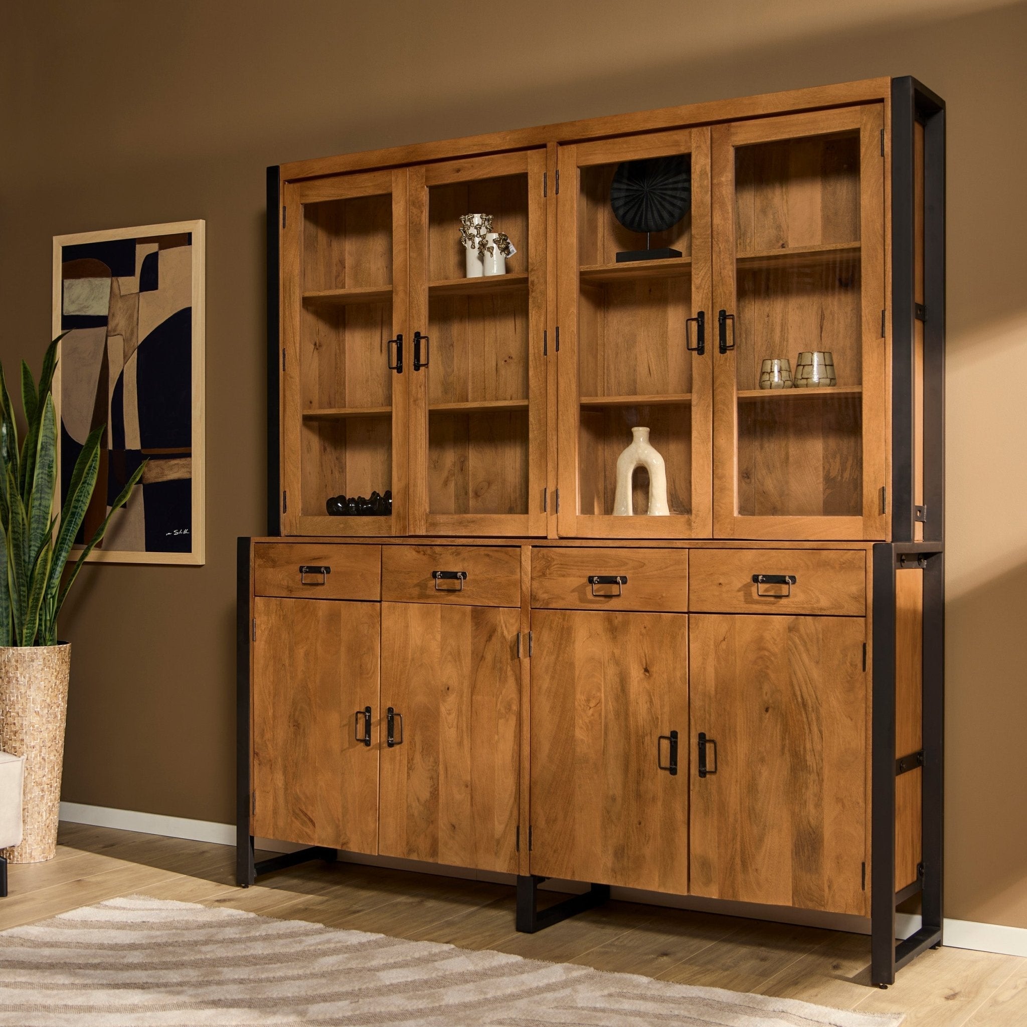 Vitrinekast Boaz XXL | Mangohout Staal | 200x45x220cm