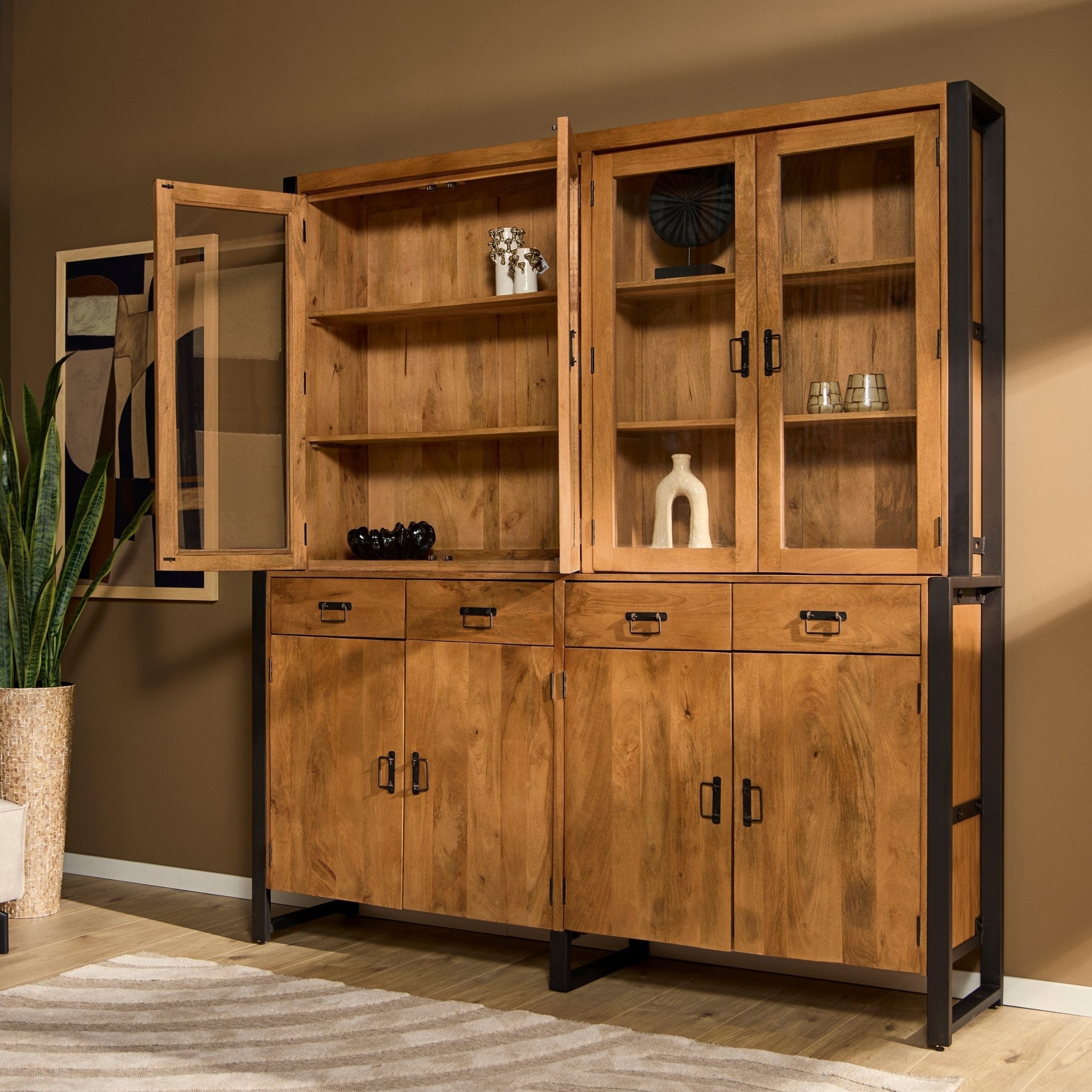 Vitrinekast Boaz XXL | Mangohout Staal | 200x45x220cm