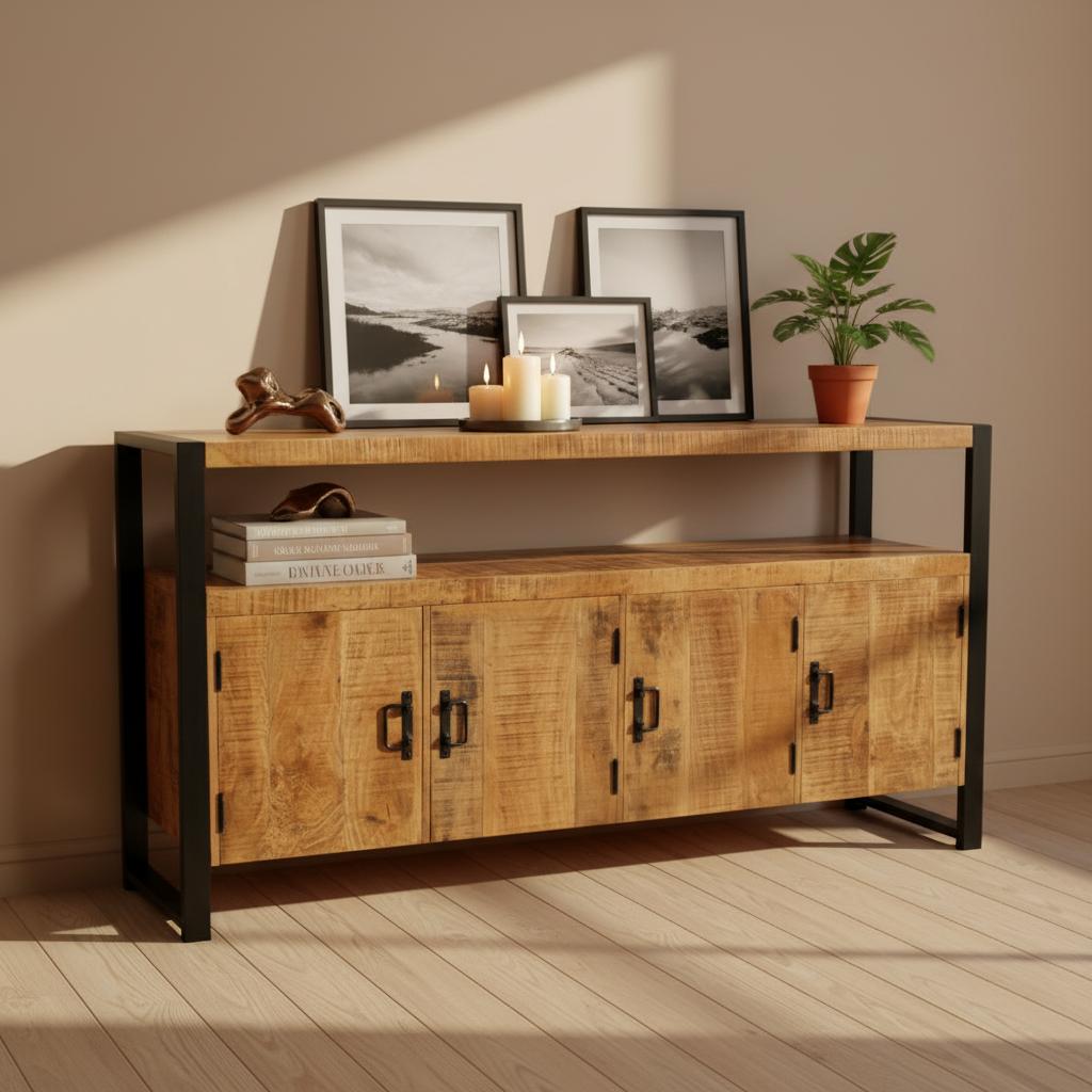 Sidetable Britt – Industrieel Mangohout & Zwart Staal | 4 Deuren | 175×45×90 cm - Industrieelinhuis.nl