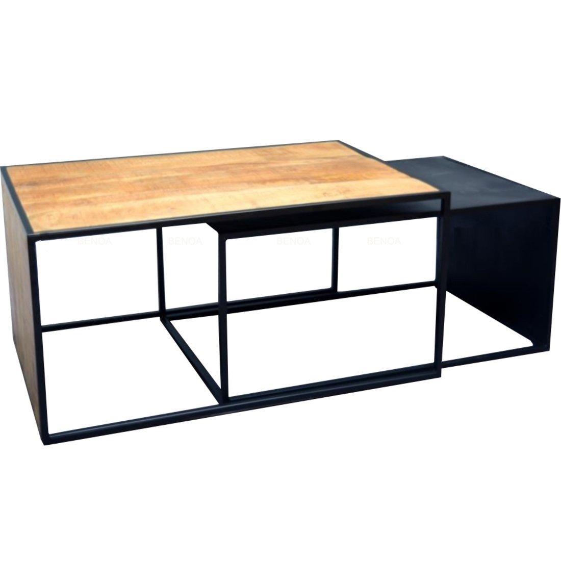 Salontafel set rechthoekig Industrieel Design | Mangohout en Staal | 90x60x45cm