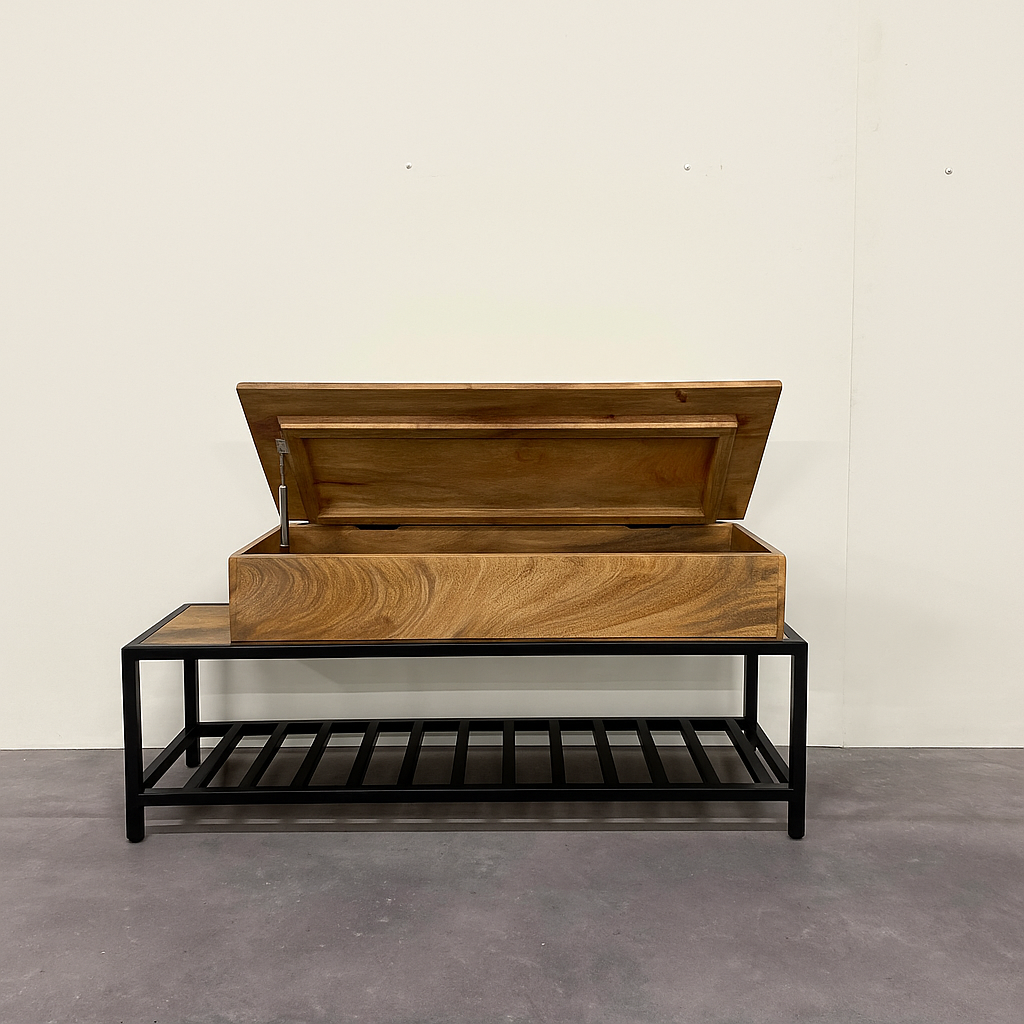 Kapstok & Bankje “Urban Loft” – Licht Mangohout met Industrieel Karakter (110 cm)