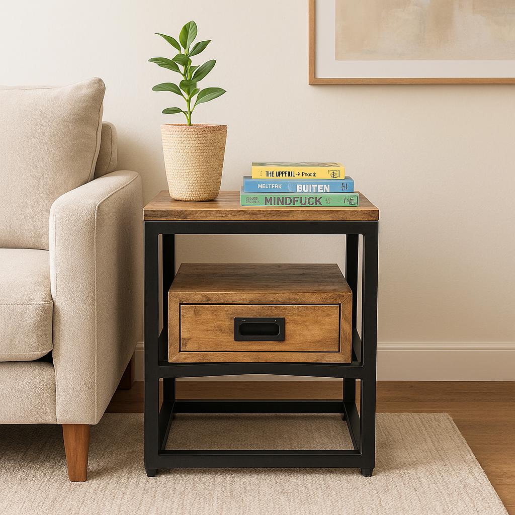Bijzettafel / Nachtkastje Industrieel Design | Mangohout en Staal | 45x35x50 - Industrieelinhuis.nl