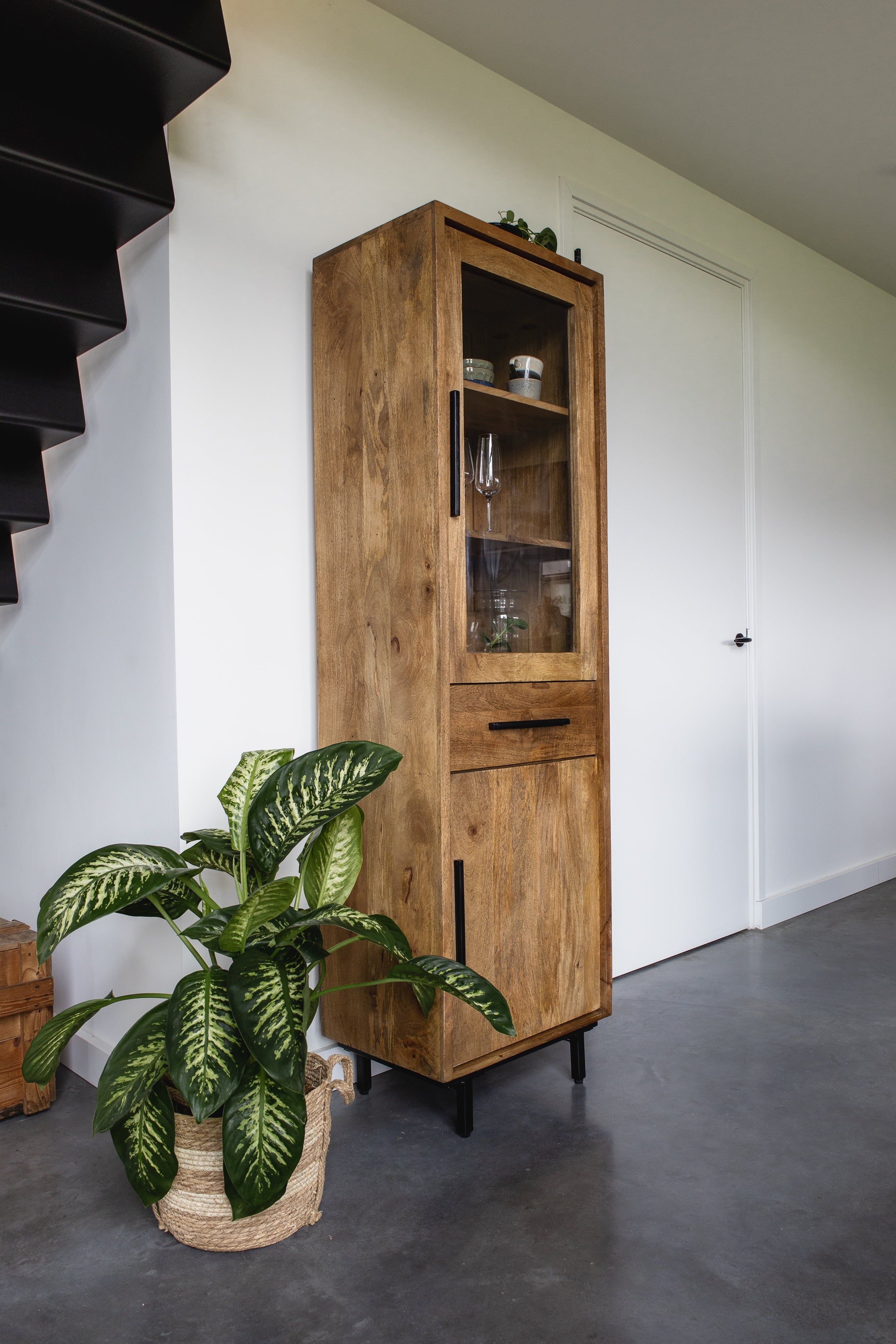 Smalle staande kast industrieel | Mangohout en Staal | 40x55x190cm