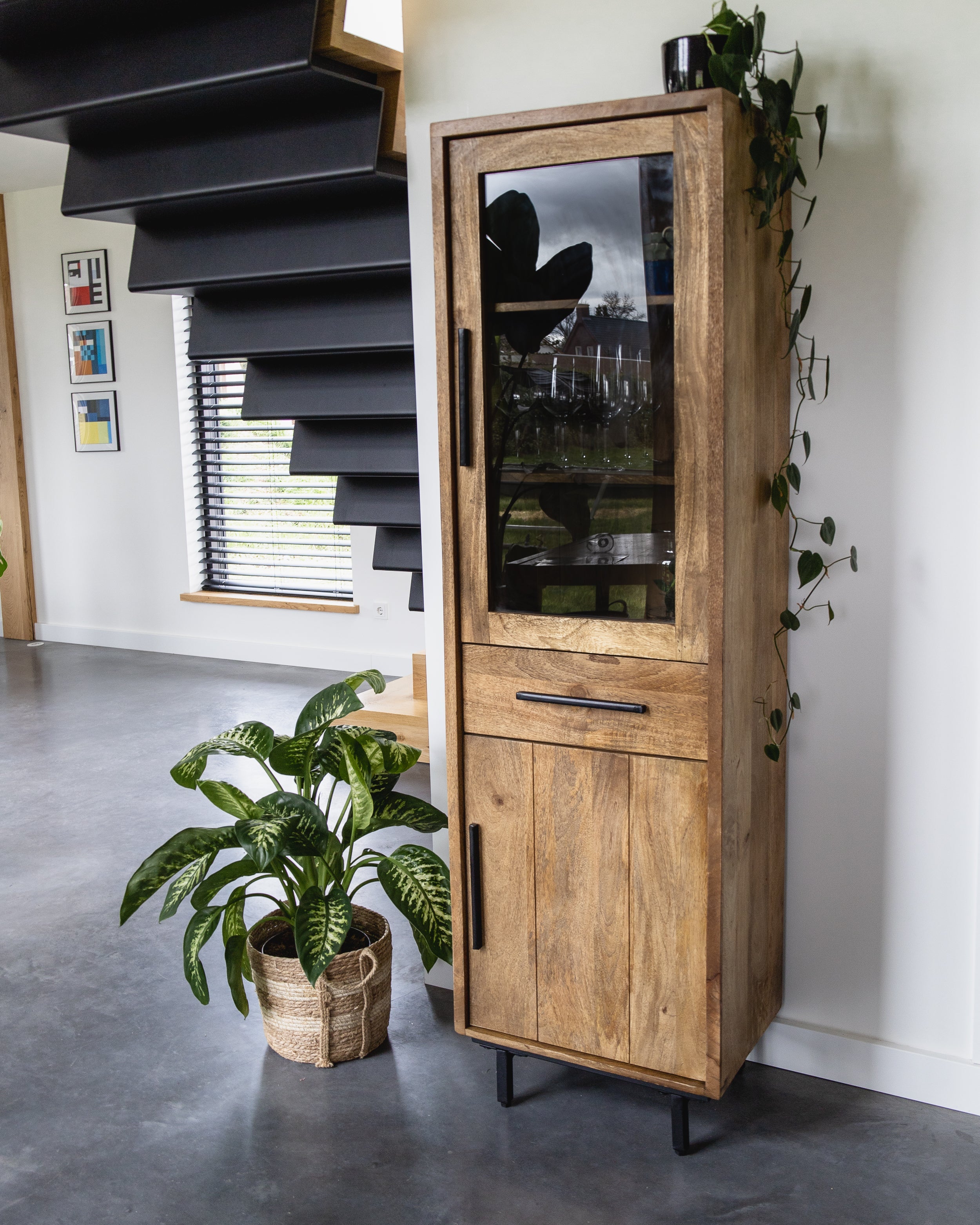 Smalle staande kast industrieel | Mangohout en Staal | 40x55x190cm