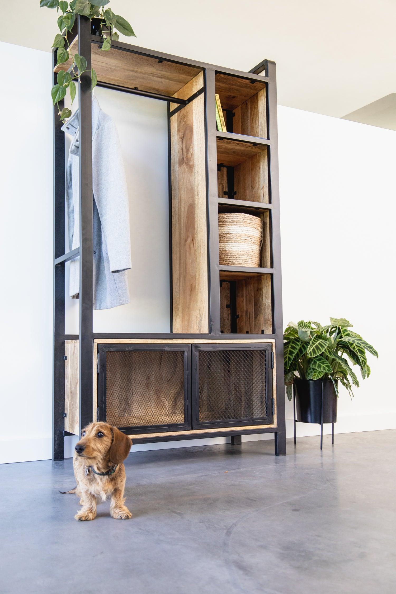 Garderoberek met rail en schappen Industrieel Design | Mangohout en Staal | 100x40x190cm - Industrieelinhuis.nl