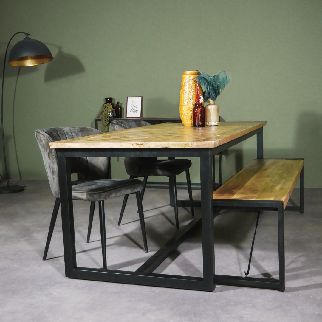 Eettafel Keukentafel Jax Visgraat Industrieel Design | Mangohout en Staal | 160x90x76cm - Industrieelinhuis.nl