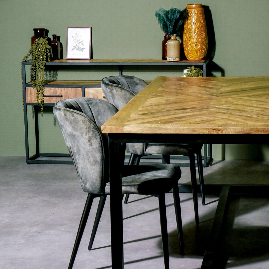 Eettafel Keukentafel Jax Visgraat Industrieel Design | Mangohout en Staal | 160x90x76cm - Industrieelinhuis.nl