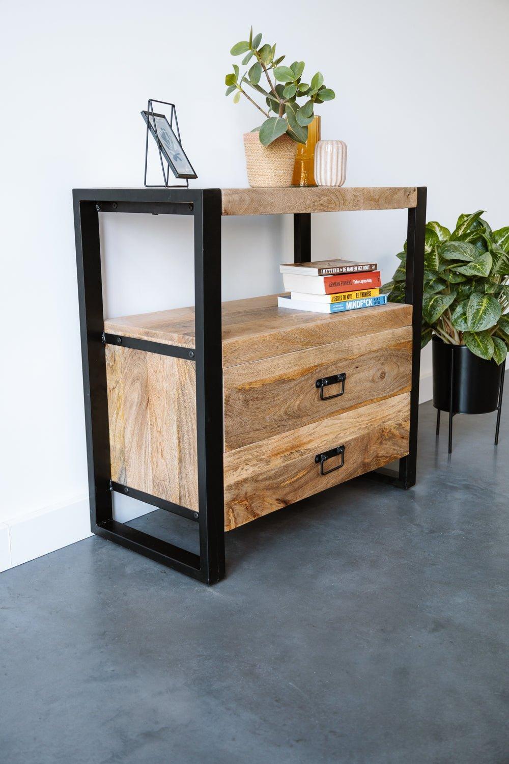 Mangohout kastje met 2 lades Industrieel Design | Mangohout en Staal | 80x40x80cm - Industrieelinhuis.nl