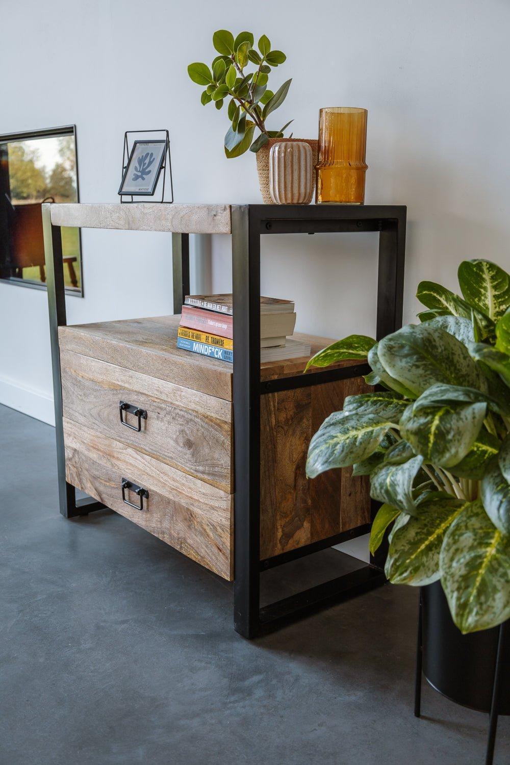 Mangohout kastje met 2 lades Industrieel Design | Mangohout en Staal | 80x40x80cm - Industrieelinhuis.nl
