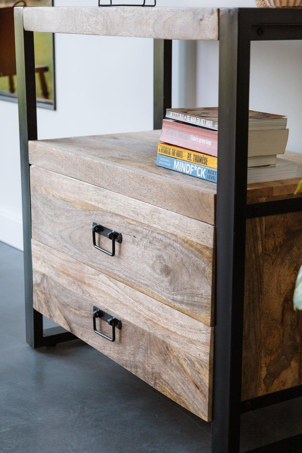 Mangohout kastje met 2 lades Industrieel Design | Mangohout en Staal | 80x40x80cm - Industrieelinhuis.nl