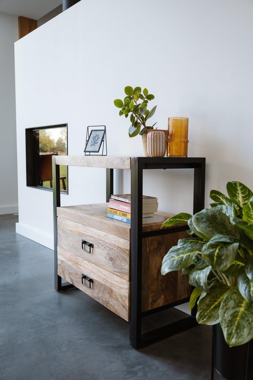 Mangohout kastje met 2 lades Industrieel Design | Mangohout en Staal | 80x40x80cm - Industrieelinhuis.nl