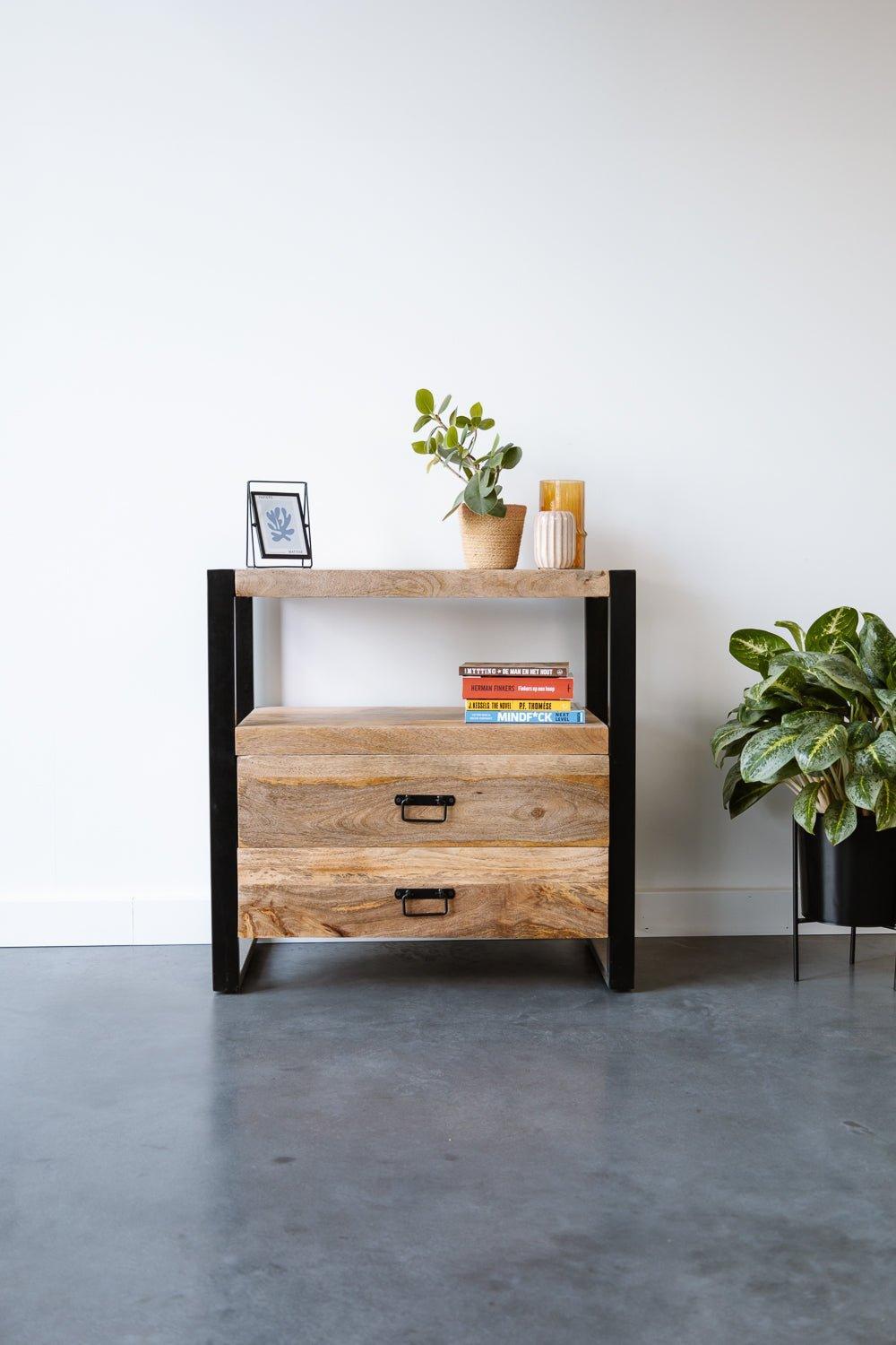 Mangohout kastje met 2 lades Industrieel Design | Mangohout en Staal | 80x40x80cm - Industrieelinhuis.nl