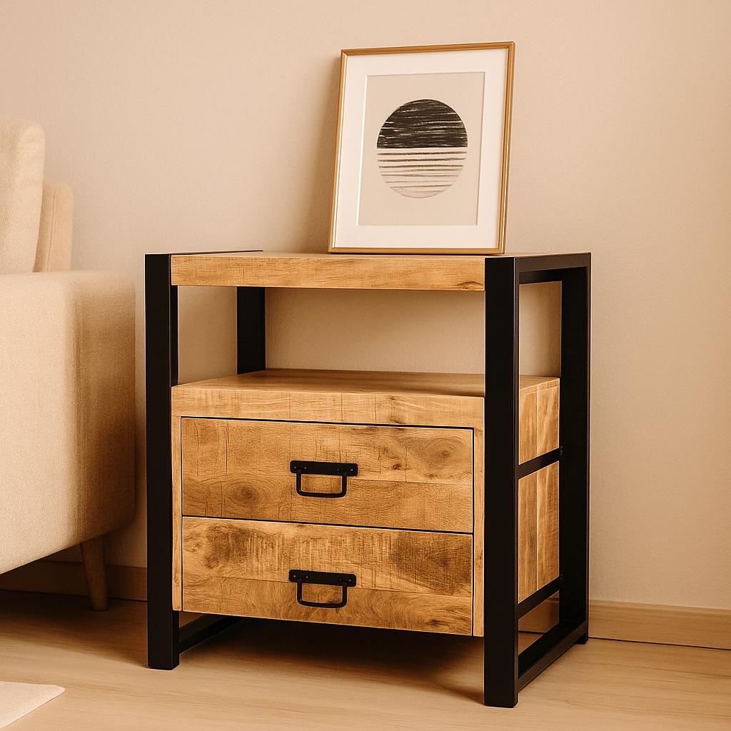 Industrieel Mangohouten Kastje met Stalen Frame – Compact, Stoer & Stijlvol (2 Lades) - Industrieelinhuis.nl