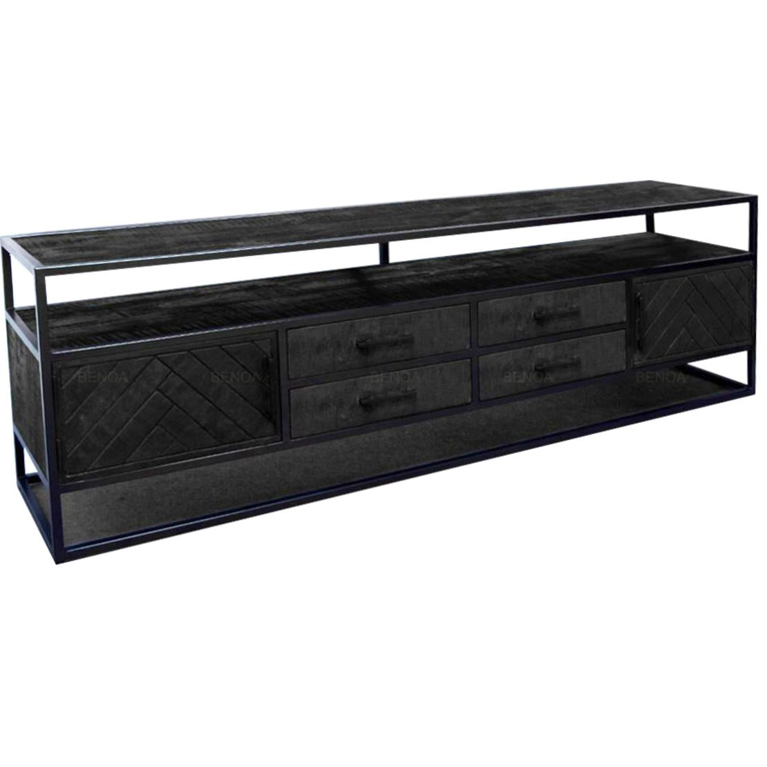 TV-meubel Jax Visgraat Industrieel Design | Zwart Mangohout en Staal | 200x45x60cm - Industrieelinhuis.nl