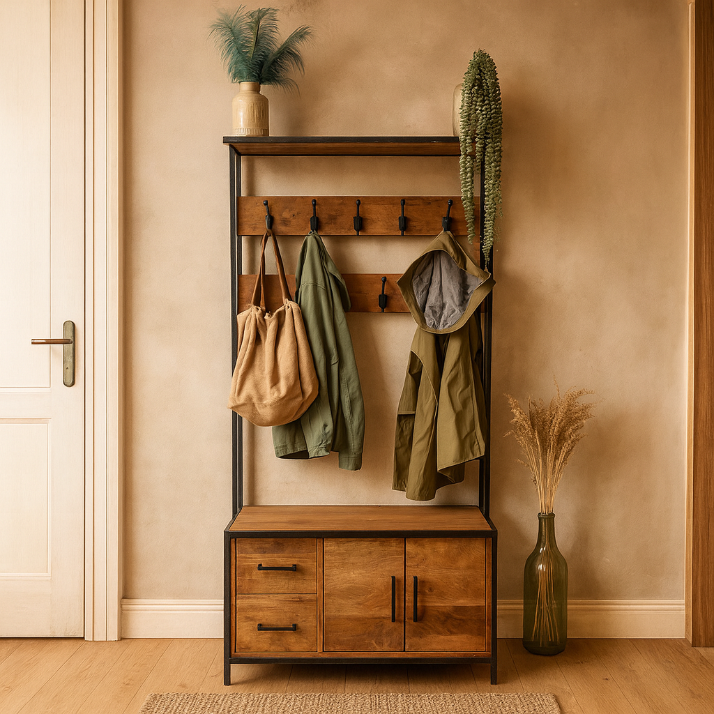Garderoberek Industrieel Design | Mangohout en Staal | 80x40x190cm