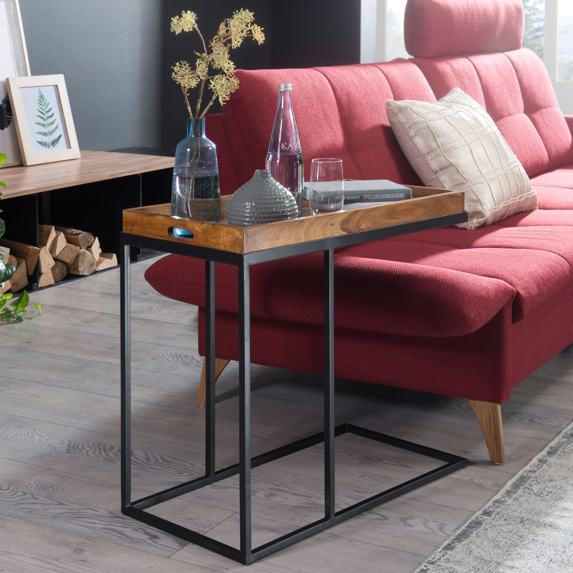 Bijzettafel voor over de bank | Sheeshamhout en Staal | 70x34x65cm - Industrieelinhuis.nl