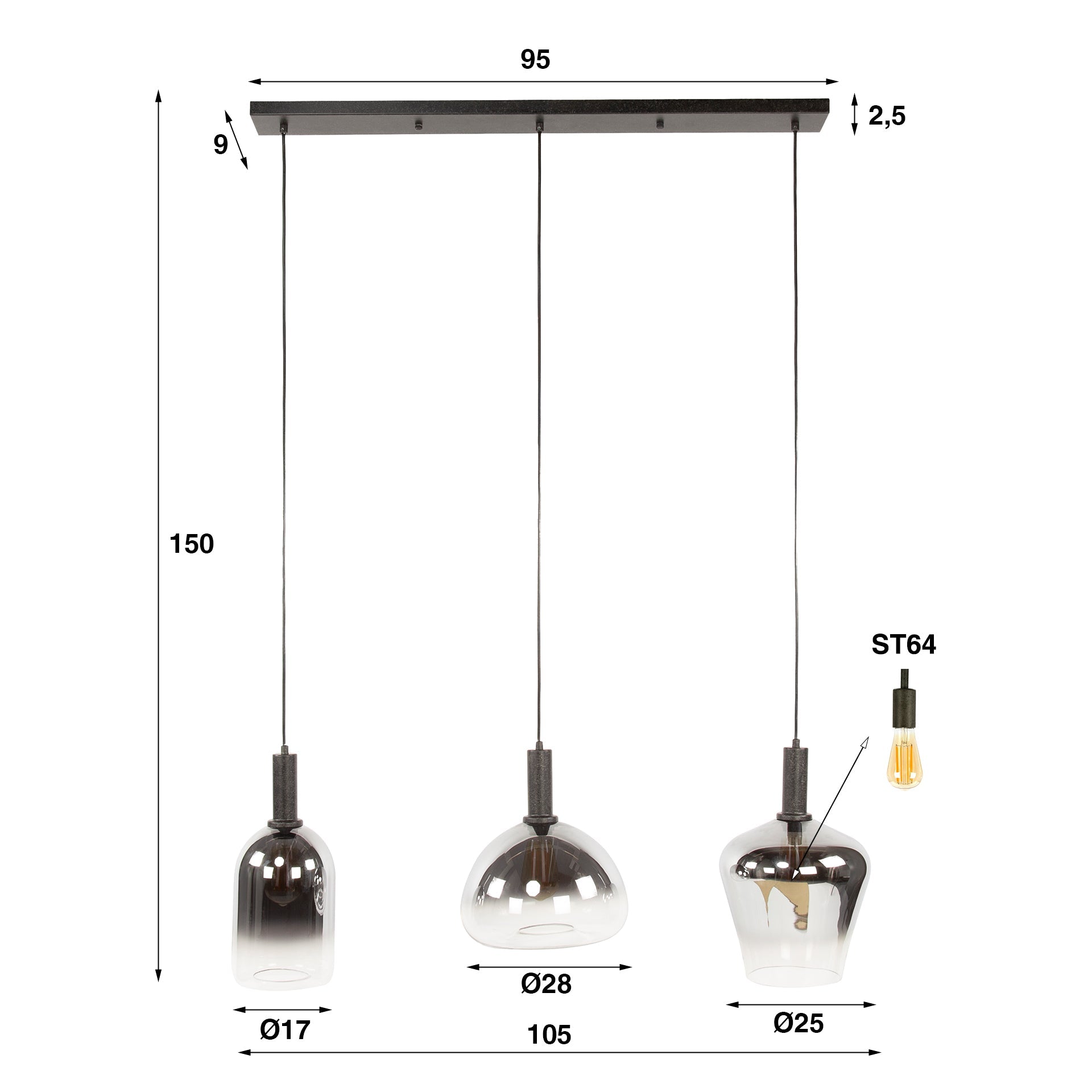 Hanglamp Glas Zion 3 lampen - Industrieelinhuis.nl