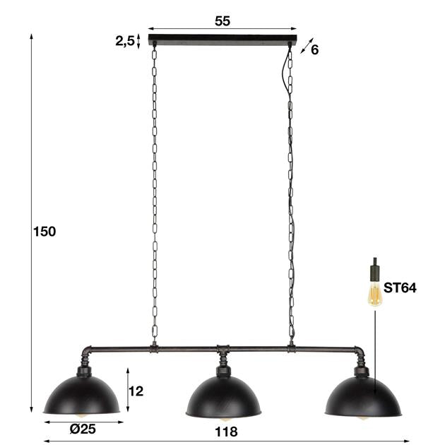 Hanglamp industrieel Tula Zwart 3 lichtpunten - Industrieelinhuis.nl