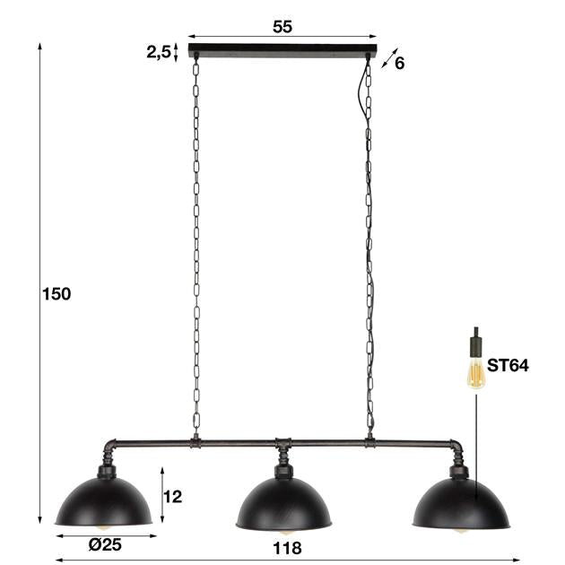 Hanglamp industrieel Tula Zwart 3 lichtpunten - Industrieelinhuis.nl